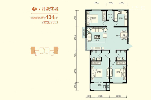 熙悦4#月漫花堤户型-3室2厅2卫1厨建筑面积134.00平米