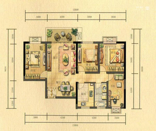 顺天泰大厦3B户型-4室2厅1卫1厨建筑面积121.00平米
