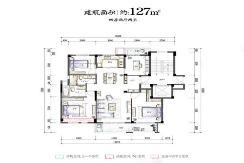 华夏四季洋房A户型127方-4室2厅2卫1厨建筑面积127.00平米