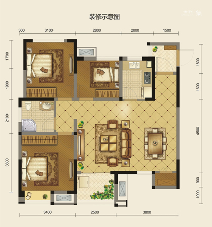 欧尚花园1-4栋标准层A2户型-3室2厅1卫1厨建筑面积90.55平米