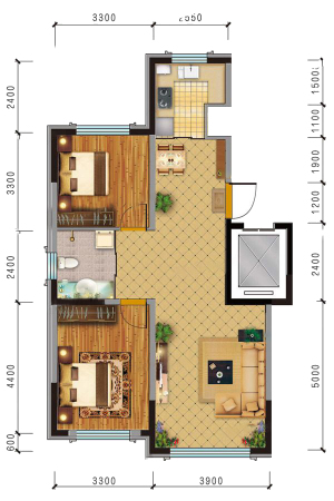 源山别院B1标准层户型-2室2厅1卫1厨建筑面积92.00平米