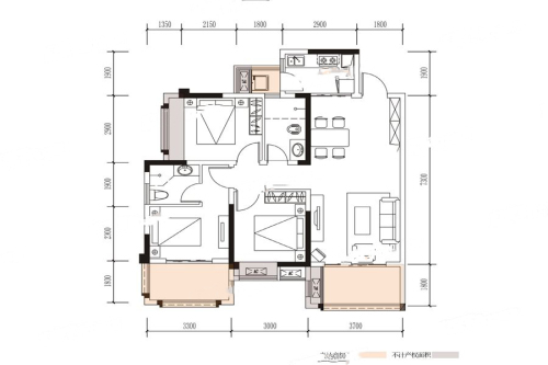品润金樽府一期一批次B2标准层-3室2厅2卫1厨建筑面积100.22平米