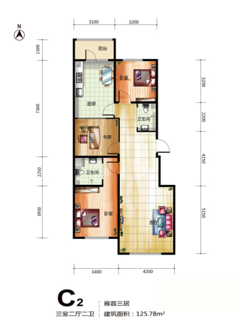 龙城御苑C2户型户型-3室2厅2卫1厨建筑面积125.78平米