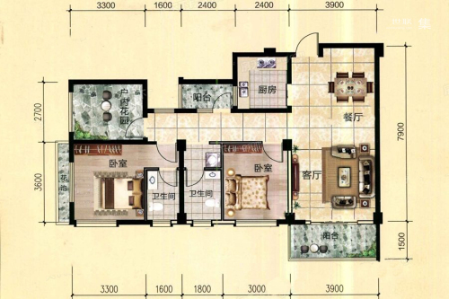 天立国际2-C户型-2室2厅2卫1厨建筑面积107.87平米