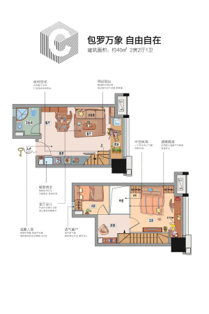 碧桂园·云空间C户型-2室2厅1卫1厨建筑面积40.00平米