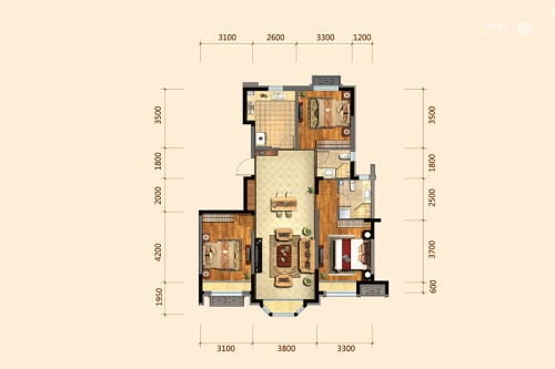 金地铁西檀府E2户型-3室2厅2卫1厨建筑面积115.00平米
