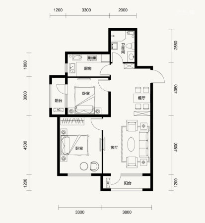 汇邦·克莱枫丹F户型-F户型-2室2厅1卫1厨建筑面积90.00平米