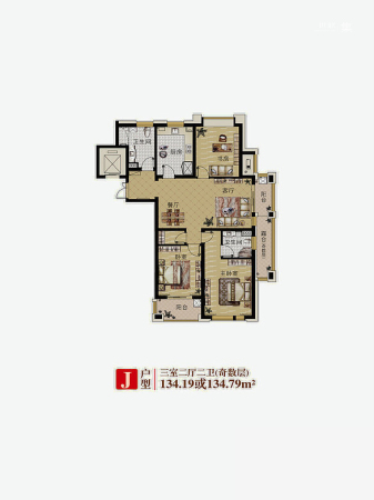 大美公寓j户型-3室2厅2卫1厨建筑面积134.00平米