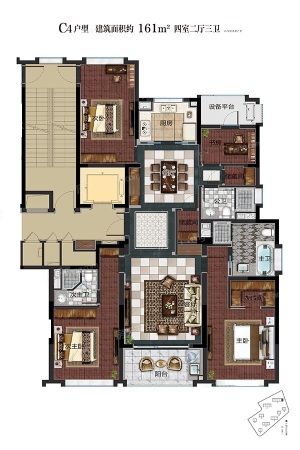 滨江保利翡翠海岸C4户型-4室2厅1卫1厨建筑面积161.00平米