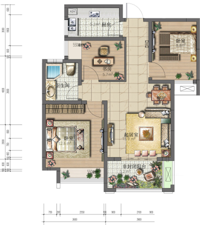 亚泰梧桐世家一期1-15号楼标准层B户型-3室2厅1卫1厨建筑面积89.00平米