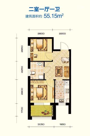 七星九龙湾E户型-2室1厅1卫1厨建筑面积55.15平米