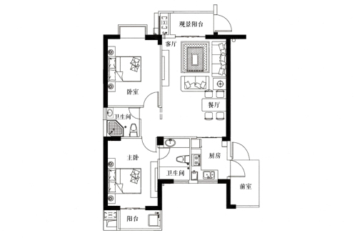 水湾清城III期A1户型-2室2厅1卫2厨建筑面积105.00平米