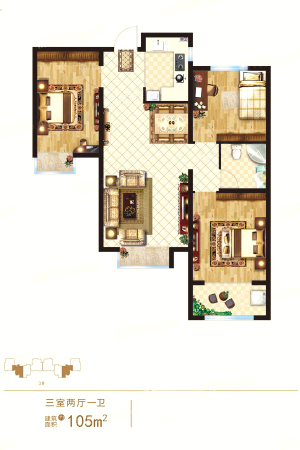 嘉城首邸3#标准层B2户型-3室2厅1卫1厨建筑面积105.00平米