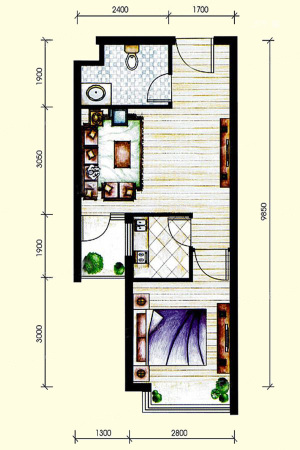 双威理想城二期43平户型-1室1厅1卫1厨建筑面积43.00平米