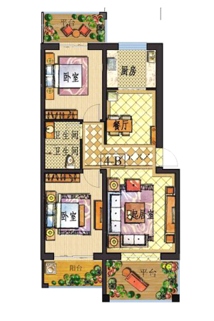 龙湾5A#13#标准层户型一-2室2厅1卫1厨建筑面积104.00平米