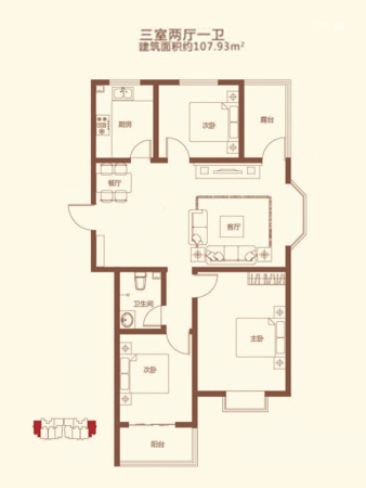 溪园5#标准层A4户型-3室2厅1卫1厨建筑面积107.93平米