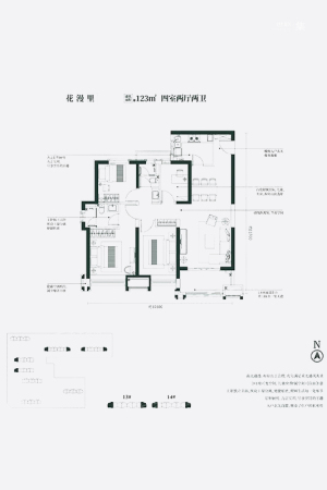 雅居乐锦城123平户型图-4室2厅2卫1厨建筑面积123.00平米