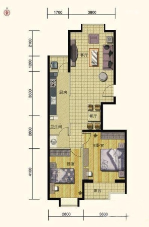 紫金新干线B3户型（售完）-2室1厅1卫1厨建筑面积87.80平米