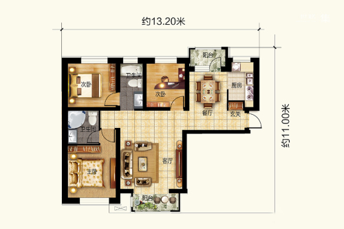 万达城C2、C3栋B1户型-C2、C3栋B1户型-3室2厅2卫1厨建筑面积135.00平米