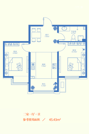 金色城邦一期1、2、3、16#户型-2室1厅1卫1厨建筑面积60.22平米