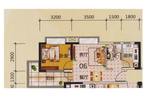 尚城三期21区1幢06户型-1室2厅1卫1厨建筑面积53.00平米