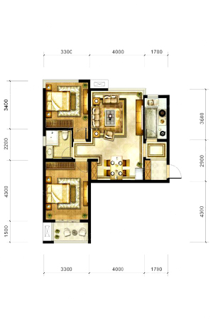九宫馆1#C户型-2室2厅1卫1厨建筑面积96.21平米