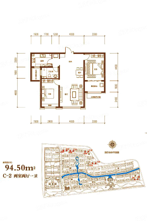 泰丰翠屏山水C-2户型-2室2厅1卫1厨建筑面积94.50平米