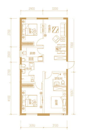 远洋7号5#1层C户型-3室2厅2卫1厨建筑面积121.97平米