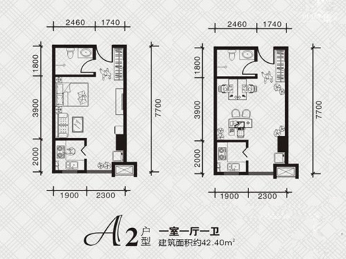 新城IDA2户型-1室1厅1卫1厨建筑面积42.40平米