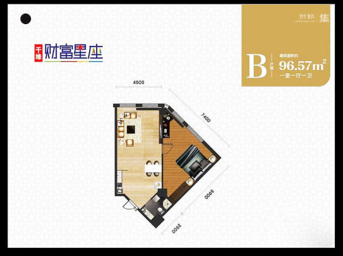 千缘·财富星座B户型-1室1厅1卫0厨建筑面积96.57平米