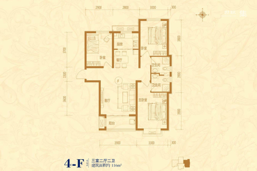 良城国际三期4#标准层F户型-3室2厅2卫1厨建筑面积116.00平米