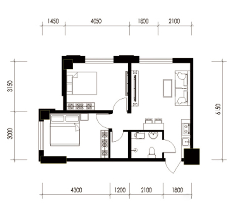 天伦中央广场G1户型-2室1厅1卫1厨建筑面积70.00平米