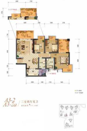 棠湖清江花语一期A3-2、A3-2a户型标准层-3室2厅2卫1厨建筑面积111.49平米