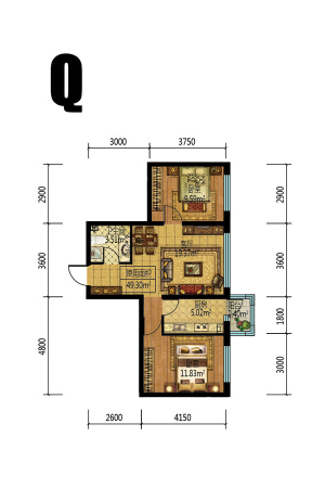 梧桐郡Q户型-2室1厅1卫1厨建筑面积58.06平米