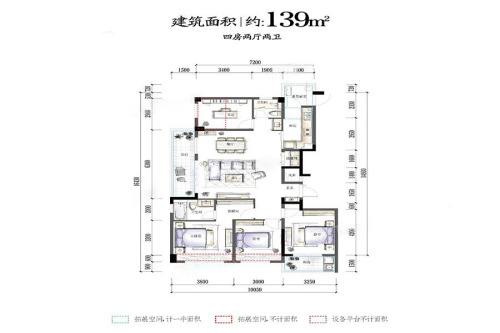 华夏四季高层D1户型139方-4室2厅2卫1厨建筑面积139.00平米