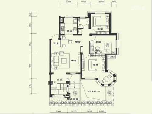 康华·朗香邸B1户型-3室2厅1卫1厨建筑面积114.00平米