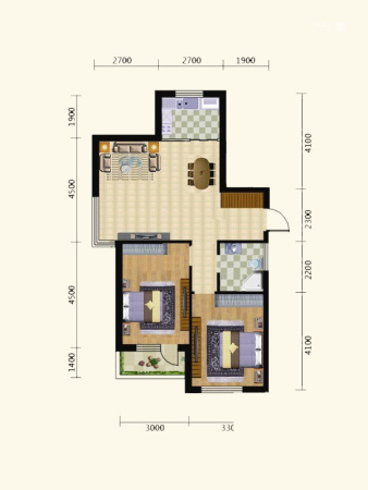 泰荣湾小高层优景户型-2室2厅1卫1厨建筑面积89.00平米