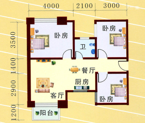 创基大厦一期1号楼B5户型-3室2厅1卫1厨建筑面积93.73平米
