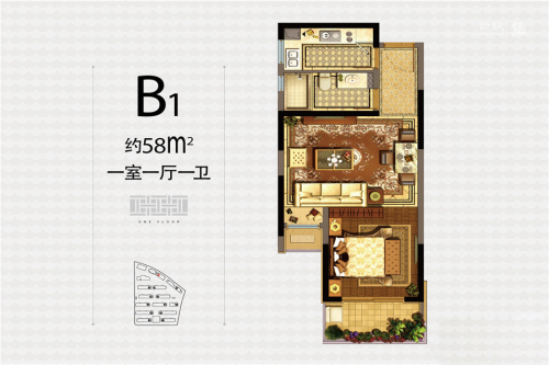 融信杭州公馆B1户型-1室1厅1卫1厨建筑面积60.00平米