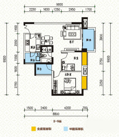 西财学府憬城一期55号楼标准层E5户型-2室2厅1卫1厨建筑面积82.76平米