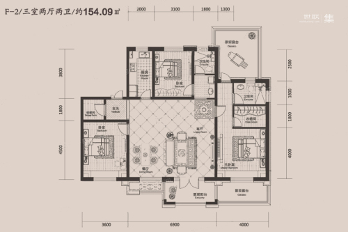 瀚林甲第6号楼F-2户型-3室2厅2卫1厨建筑面积154.09平米