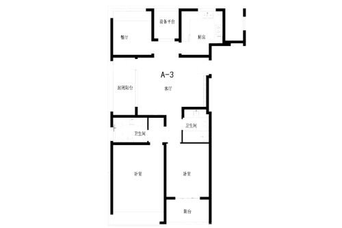 正荣润峯A3改造前户型-2室2厅2卫1厨建筑面积127.00平米