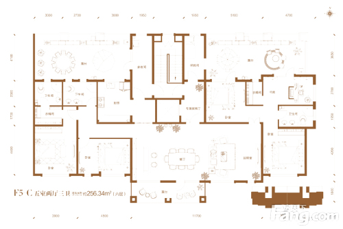 汇君城F5号楼标准层C户型-5室2厅3卫1厨建筑面积256.34平米