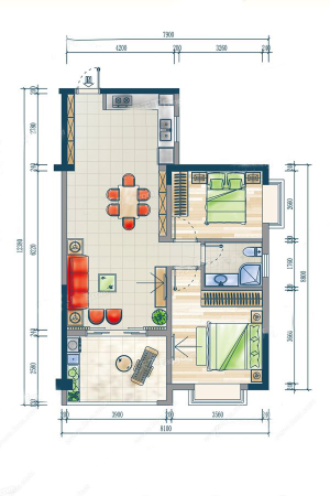 鑫海大厦B户型-2室2厅1卫1厨建筑面积87.45平米