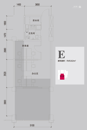 天山银河广场写字楼E户型-1室1厅1卫1厨建筑面积45.62平米