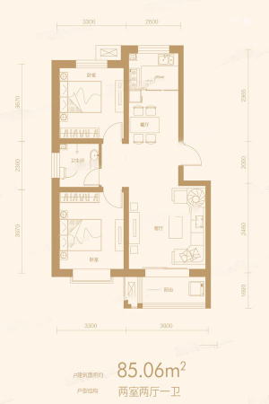 万合华府4#A1户型-2室2厅1卫1厨建筑面积85.06平米
