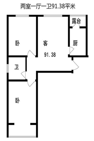 傲湖铂岸两室一厅一卫户型-2室1厅1卫1厨建筑面积91.38平米