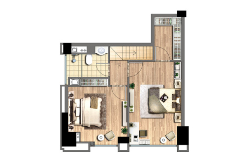 欧亚国际C户型上层（平面）-2室2厅2卫1厨建筑面积59.50平米