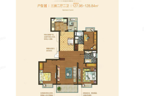 浦江坤庭二期127平H户型-3室2厅2卫1厨建筑面积127.00平米