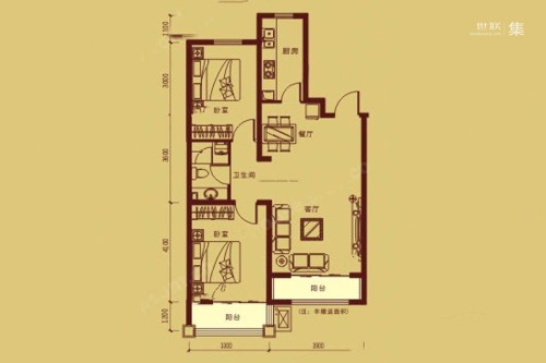 温莎庄园5#C户型-2室2厅1卫1厨建筑面积96.42平米